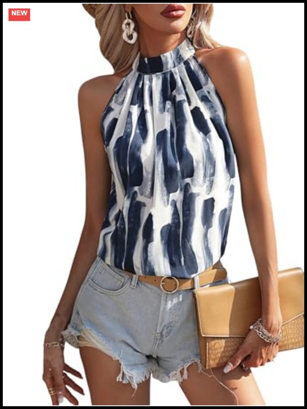 Sleeveless Halter Top Blouse Cut Out Back Animal Print Summer